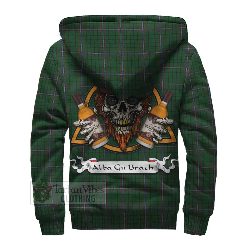 Tartan Vibes Clothing MacRae (McRae) Tartan Sherpa Hoodie with Family Crest and Bearded Skull Holding Bottles of Whiskey