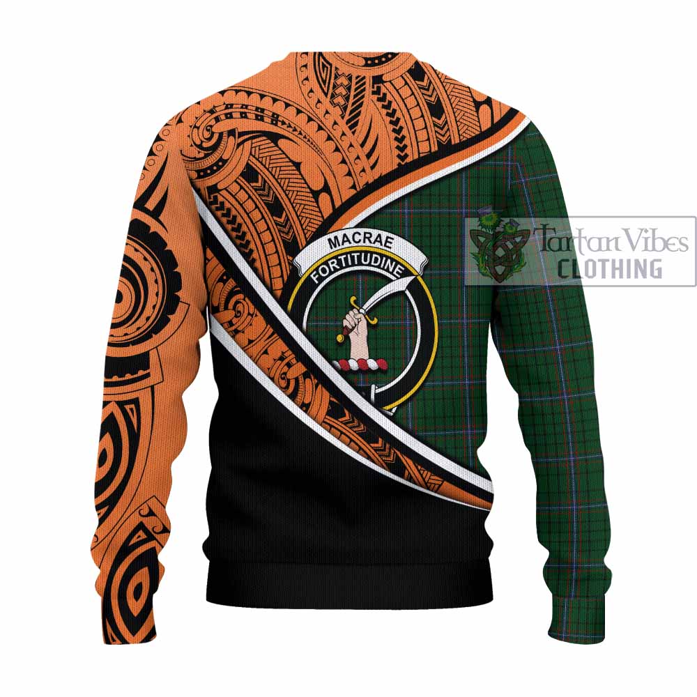 Tartan Vibes Clothing MacRae (McRae) Crest Tartan Knitted Sweater with Maori Tattoo Style - Orange Version