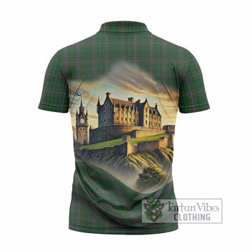 MacRae (McRae) Tartan Family Crest Zipper Polo Shirt with Scottish Ancient Castle Style - Tartan Vibes Clothing