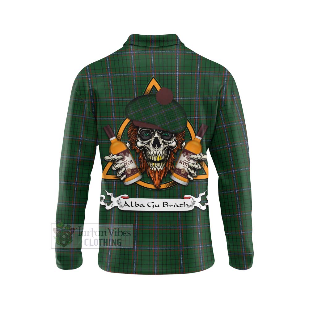 Tartan Vibes Clothing MacRae (McRae) Tartan Long Sleeve Polo Shirt with Family Crest and Bearded Skull Holding Bottles of Whiskey