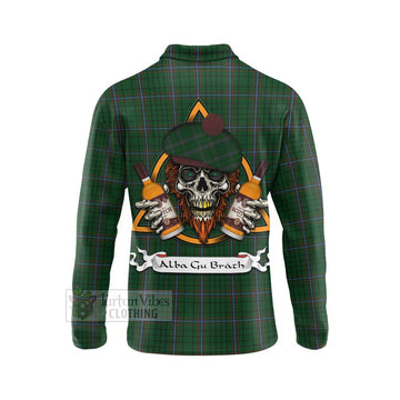 MacRae (McRae) Tartan Long Sleeve Polo Shirt with Family Crest and Bearded Skull Holding Bottles of Whiskey