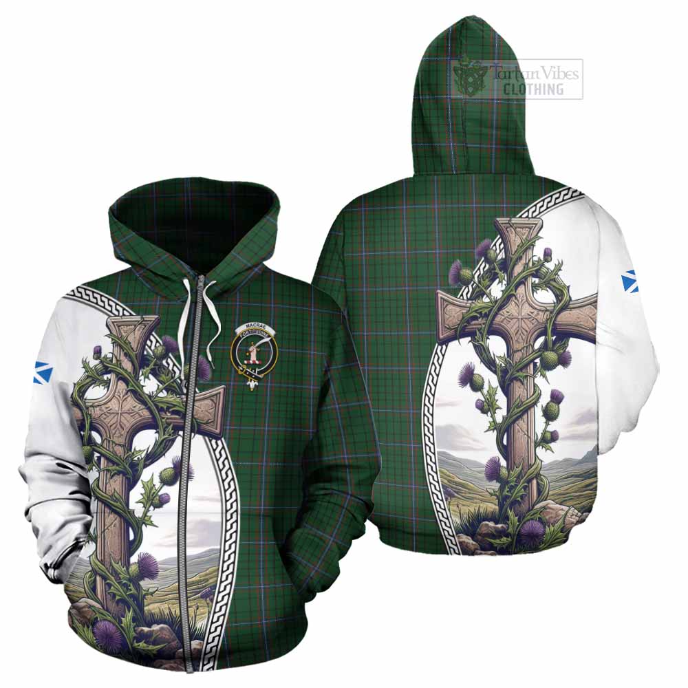 Tartan Vibes Clothing MacRae (McRae) Tartan Hoodie with Family Crest and St. Andrew's Cross Accented by Thistle Vines