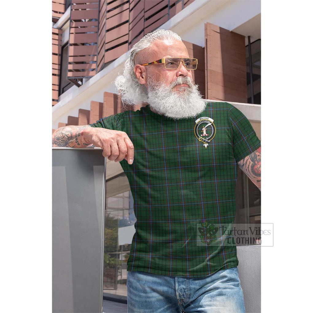 Tartan Vibes Clothing MacRae (McRae) Tartan Cotton T-shirt with Family Crest and Bearded Skull Holding Bottles of Whiskey