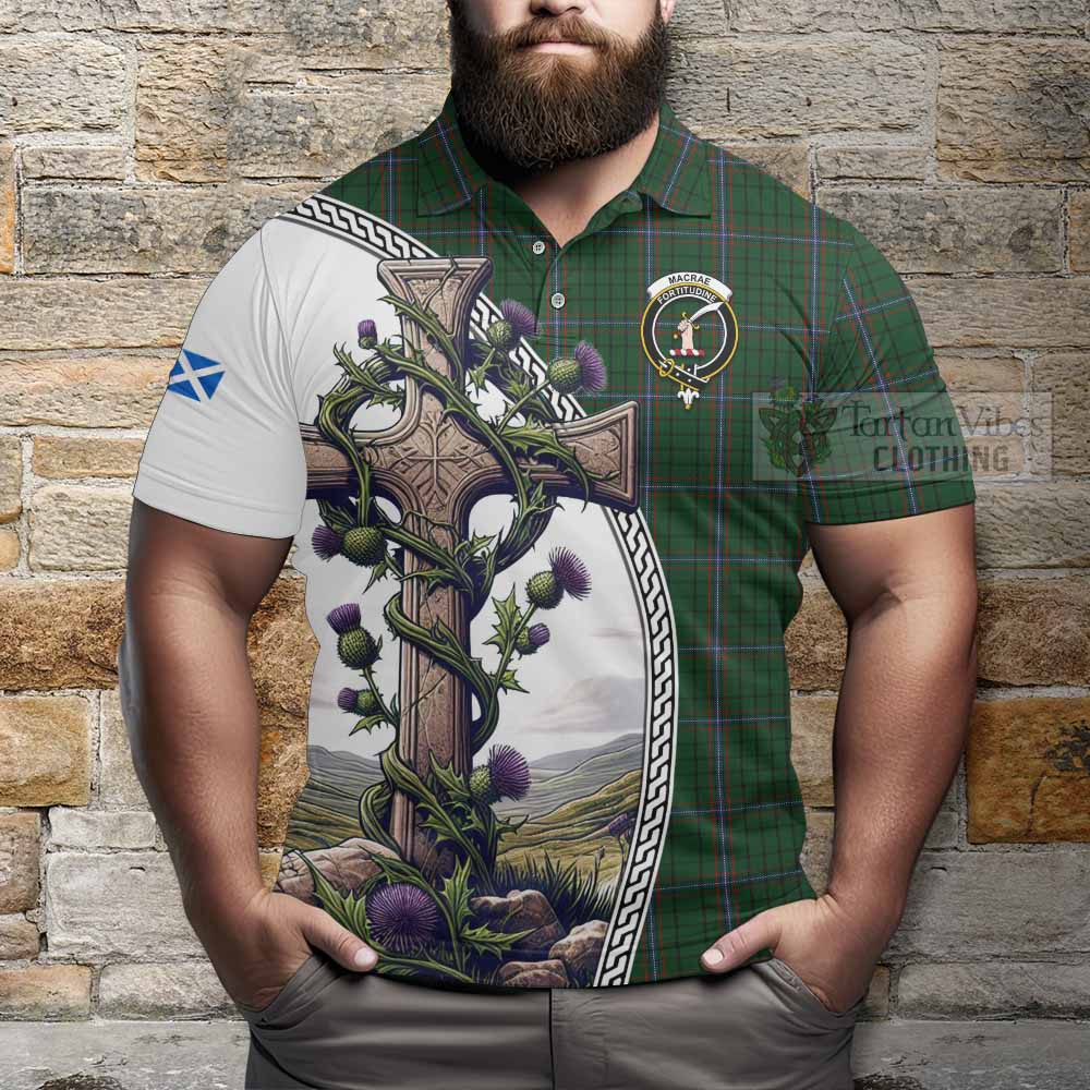 Tartan Vibes Clothing MacRae (McRae) Tartan Polo Shirt with Family Crest and St. Andrew's Cross Accented by Thistle Vines