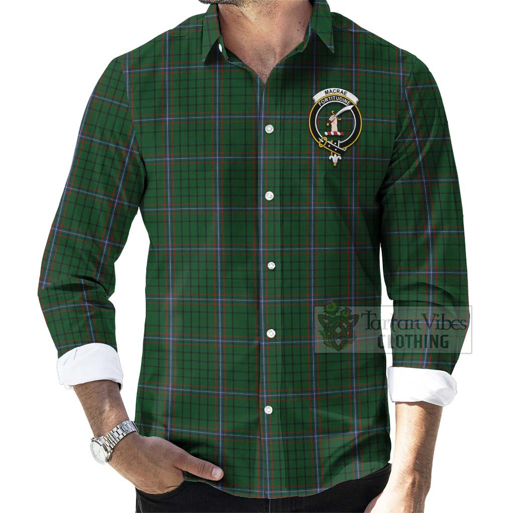 Tartan Vibes Clothing MacRae (McRae) Tartan Long Sleeve Button Shirt with Family Crest Celtic Skull Style