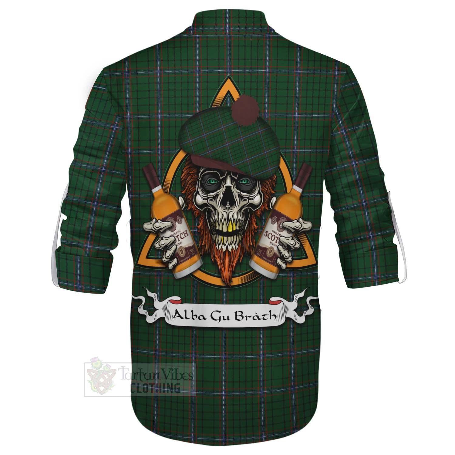 Tartan Vibes Clothing MacRae (McRae) Tartan Ghillie Kilt Shirt with Family Crest and Bearded Skull Holding Bottles of Whiskey