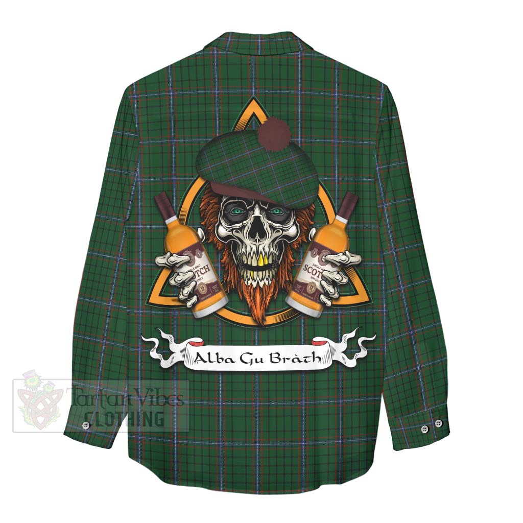 Tartan Vibes Clothing MacRae (McRae) Tartan Women's Casual Shirt with Family Crest and Bearded Skull Holding Bottles of Whiskey