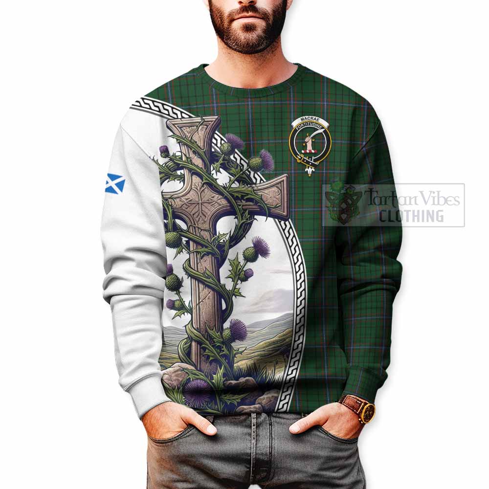 Tartan Vibes Clothing MacRae (McRae) Tartan Sweatshirt with Family Crest and St. Andrew's Cross Accented by Thistle Vines