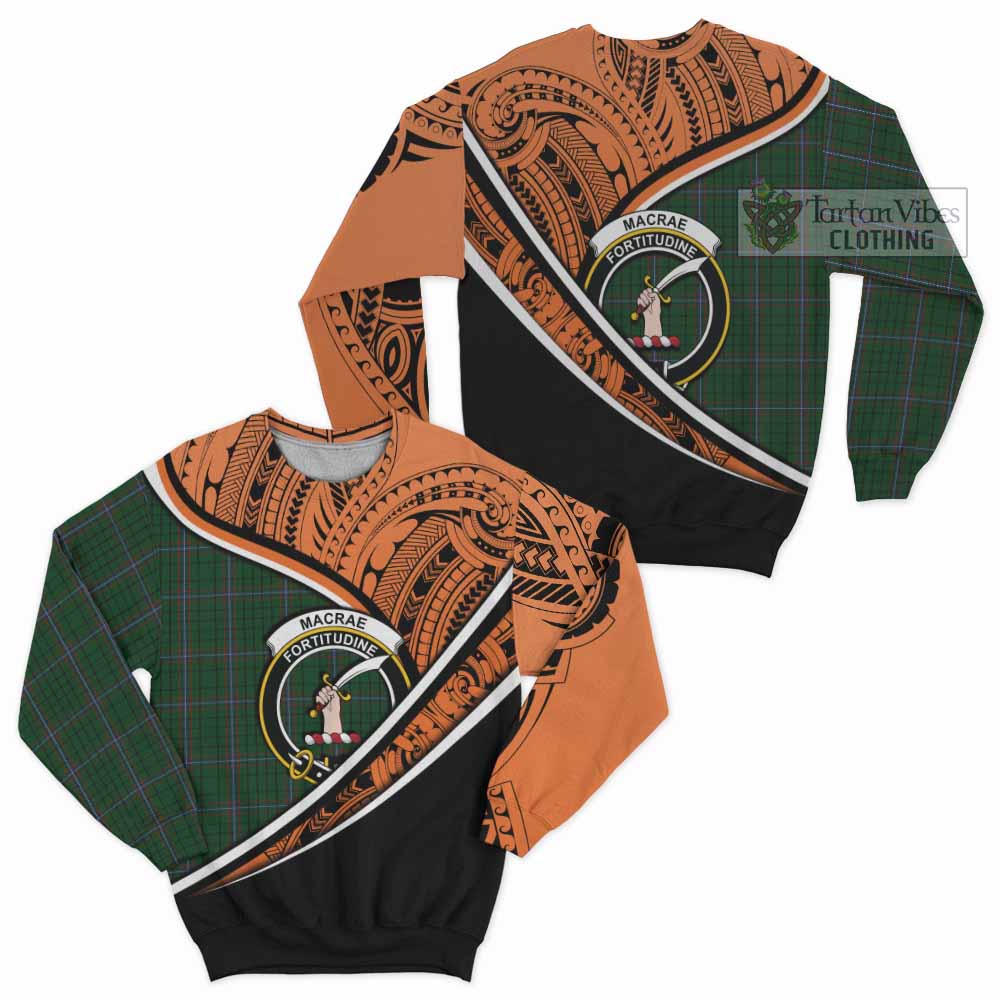 Tartan Vibes Clothing MacRae (McRae) Crest Tartan Sweatshirt with Maori Tattoo Style - Orange Version