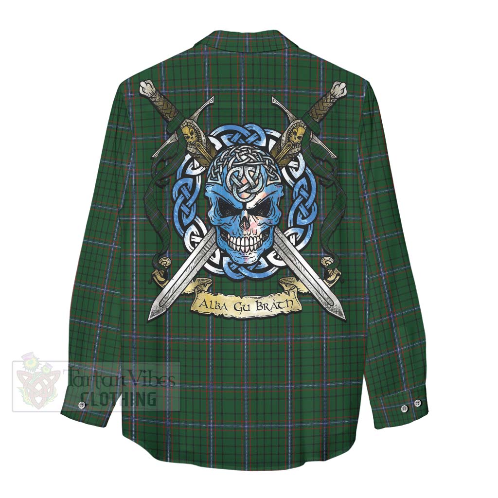 Tartan Vibes Clothing MacRae (McRae) Tartan Women's Casual Shirt with Family Crest Celtic Skull Style