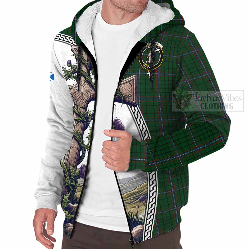 Tartan Vibes Clothing MacRae (McRae) Tartan Sherpa Hoodie with Family Crest and St. Andrew's Cross Accented by Thistle Vines