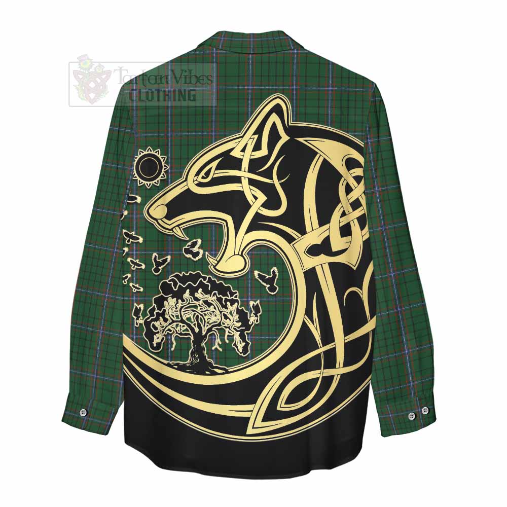 Tartan Vibes Clothing MacRae (McRae) Tartan Women's Casual Shirt with Family Crest Celtic Wolf Style