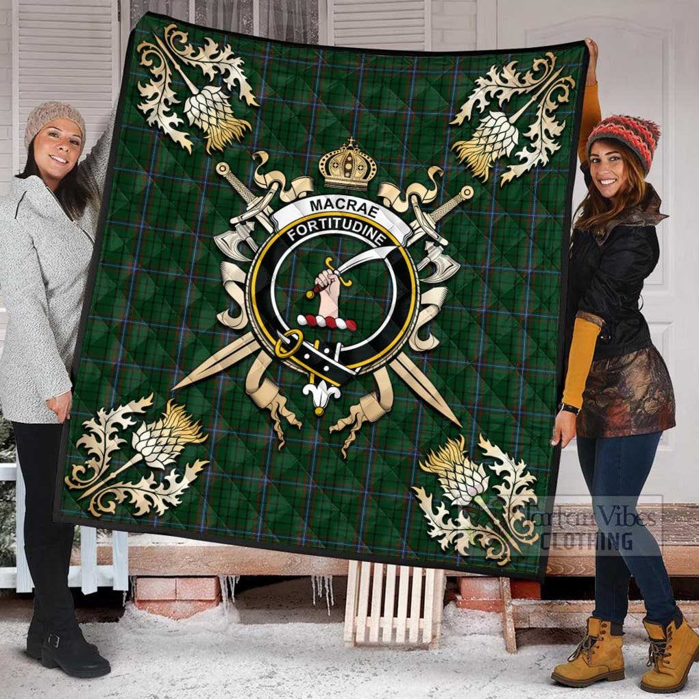 Tartan Vibes Clothing MacRae (McRae) Tartan Quilt with Family Crest and Scottish Golden Courage Shield