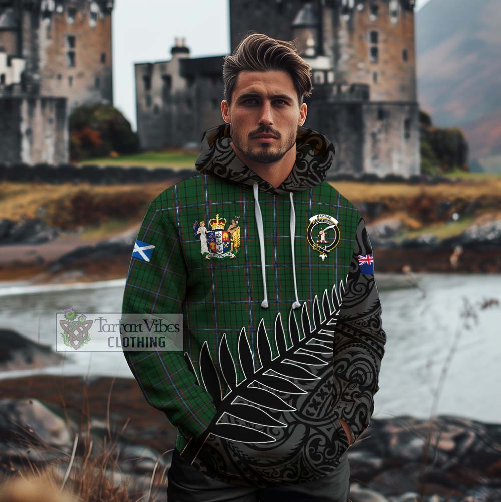 Tartan Vibes Clothing MacRae (McRae) Crest Tartan Cotton Hoodie with New Zealand Silver Fern Half Style