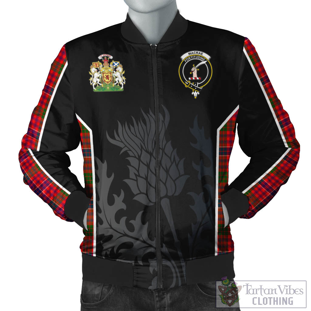 Tartan Vibes Clothing MacRae Modern Tartan Bomber Jacket with Family Crest and Scottish Thistle Vibes Sport Style