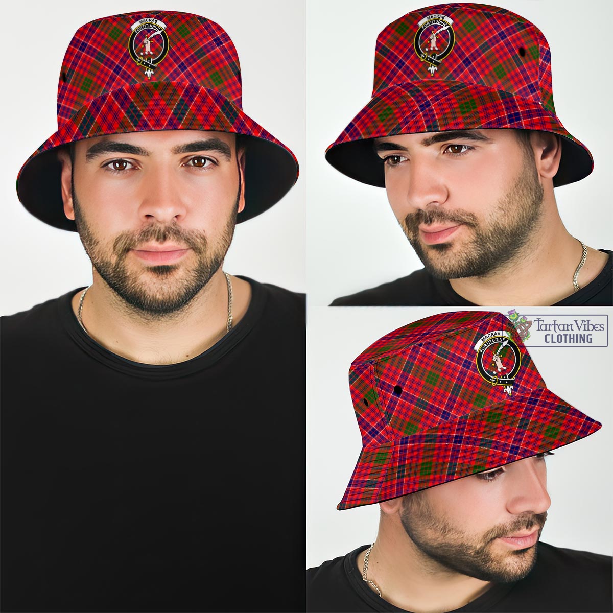 Tartan Vibes Clothing MacRae Modern Tartan Bucket Hat with Family Crest