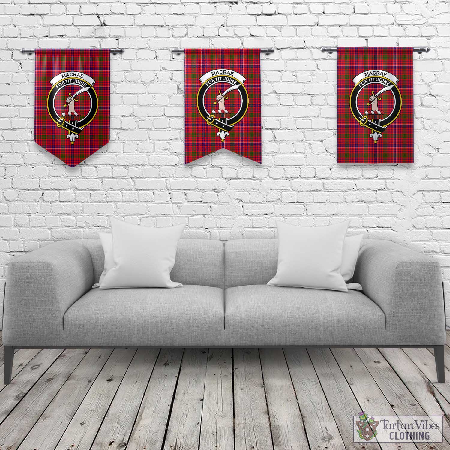 Tartan Vibes Clothing MacRae Modern Tartan Gonfalon, Tartan Banner with Family Crest