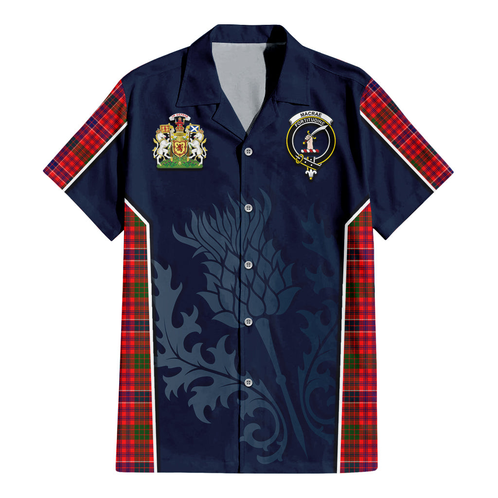 Tartan Vibes Clothing MacRae Modern Tartan Short Sleeve Button Up Shirt with Family Crest and Scottish Thistle Vibes Sport Style