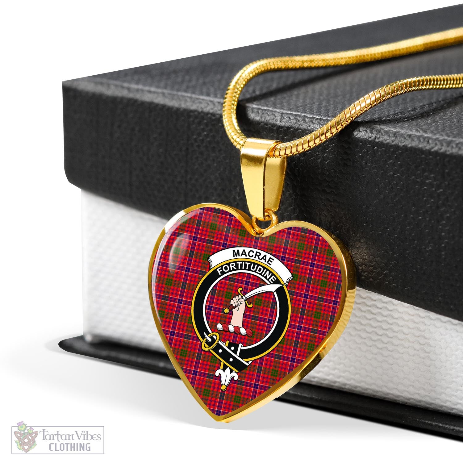 Tartan Vibes Clothing MacRae Modern Tartan Heart Necklace with Family Crest