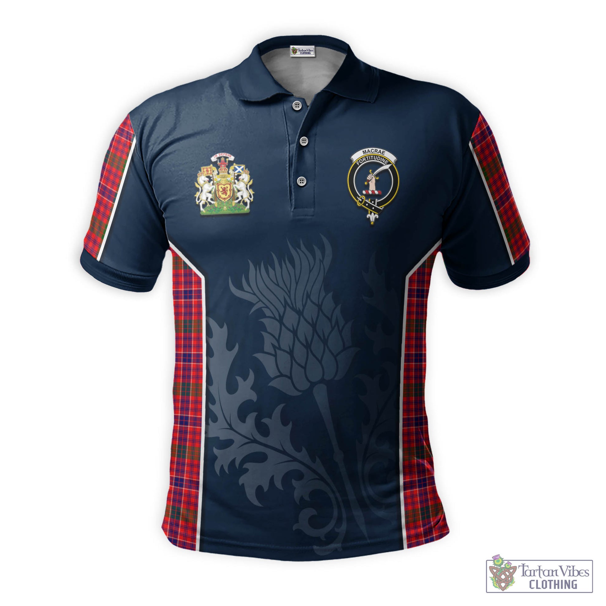 Tartan Vibes Clothing MacRae Modern Tartan Men's Polo Shirt with Family Crest and Scottish Thistle Vibes Sport Style