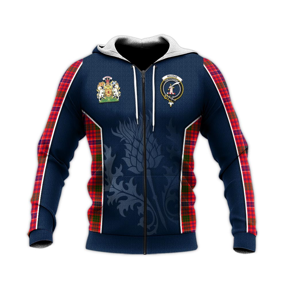 Tartan Vibes Clothing MacRae Modern Tartan Knitted Hoodie with Family Crest and Scottish Thistle Vibes Sport Style