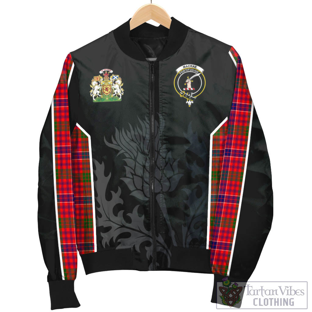 Tartan Vibes Clothing MacRae Modern Tartan Bomber Jacket with Family Crest and Scottish Thistle Vibes Sport Style