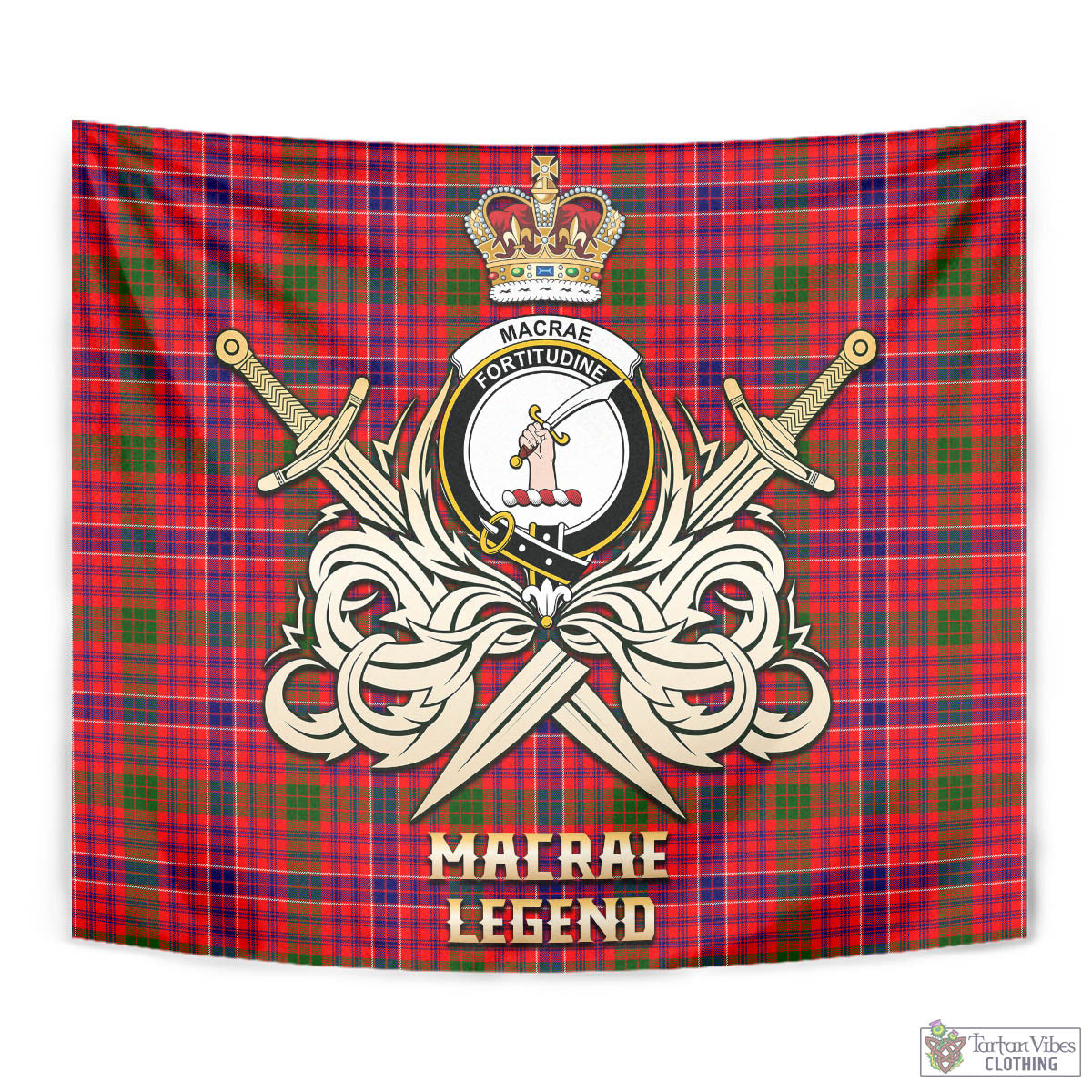 Tartan Vibes Clothing MacRae Modern Tartan Tapestry with Clan Crest and the Golden Sword of Courageous Legacy