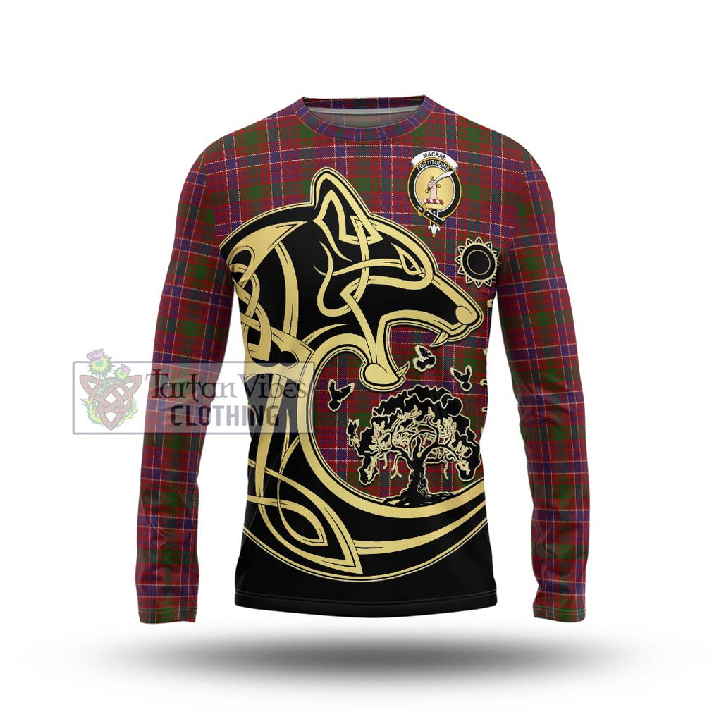 MacRae Red Tartan Long Sleeve T-Shirt with Family Crest Celtic Wolf Style Unisex - Tartan Vibes Clothing