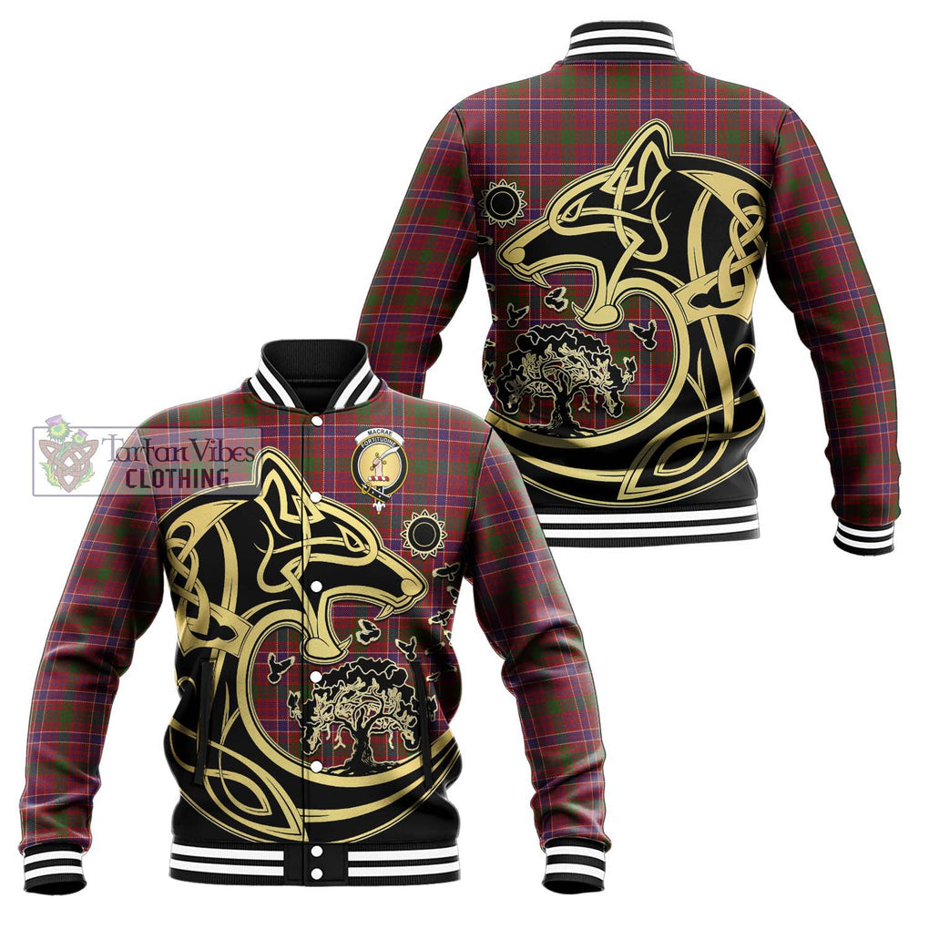 MacRae Red Tartan Baseball Jacket with Family Crest Celtic Wolf Style Unisex - Tartan Vibes Clothing