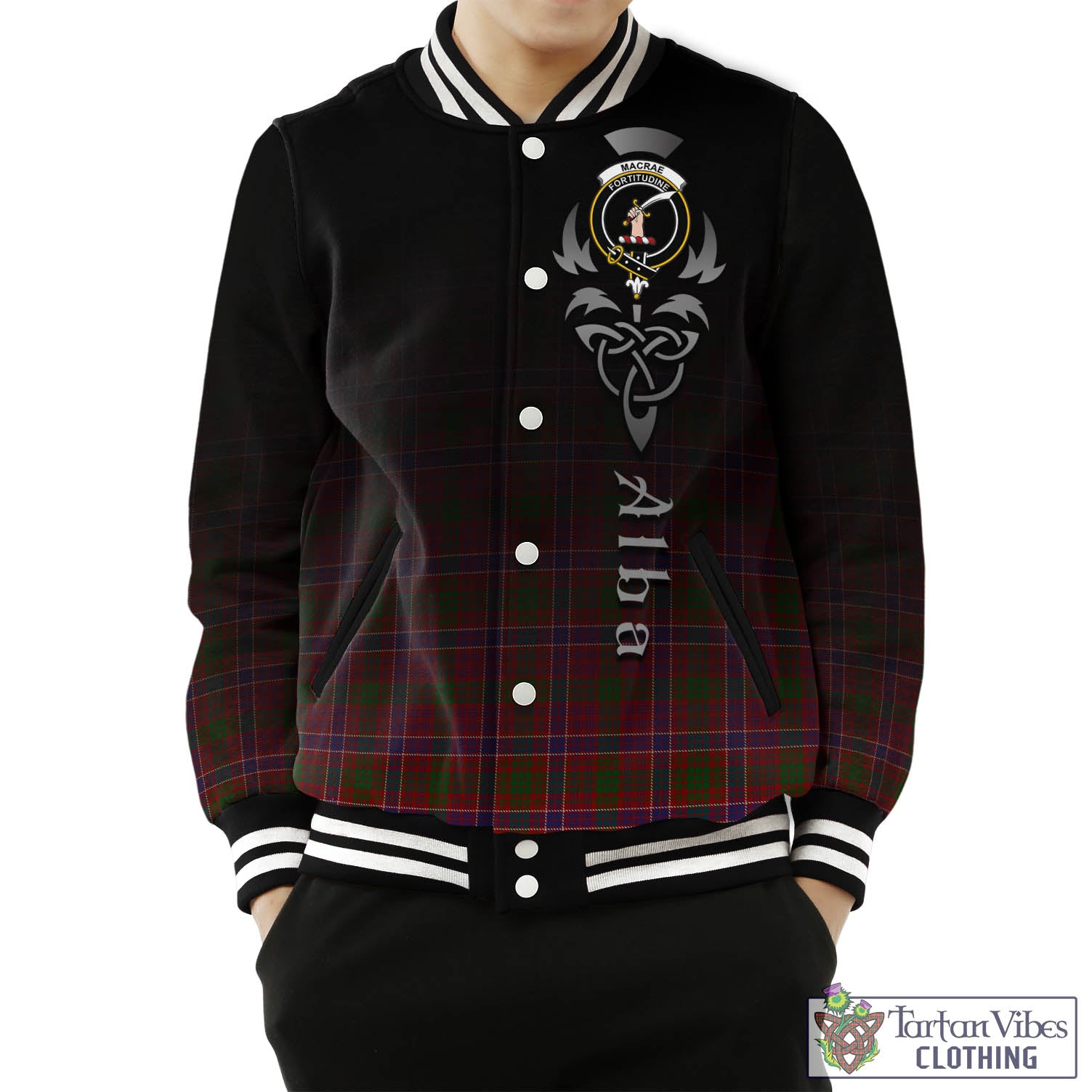 Tartan Vibes Clothing MacRae Red Tartan Baseball Jacket Featuring Alba Gu Brath Family Crest Celtic Inspired