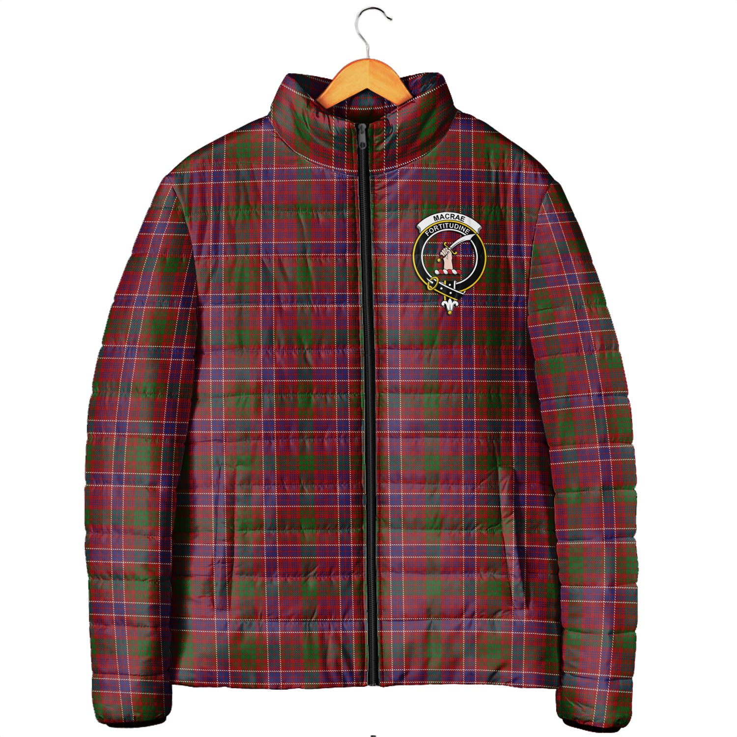 MacRae Red Tartan Padded Jacket with Family Crest Men's Padded Jacket - Tartan Vibes Clothing