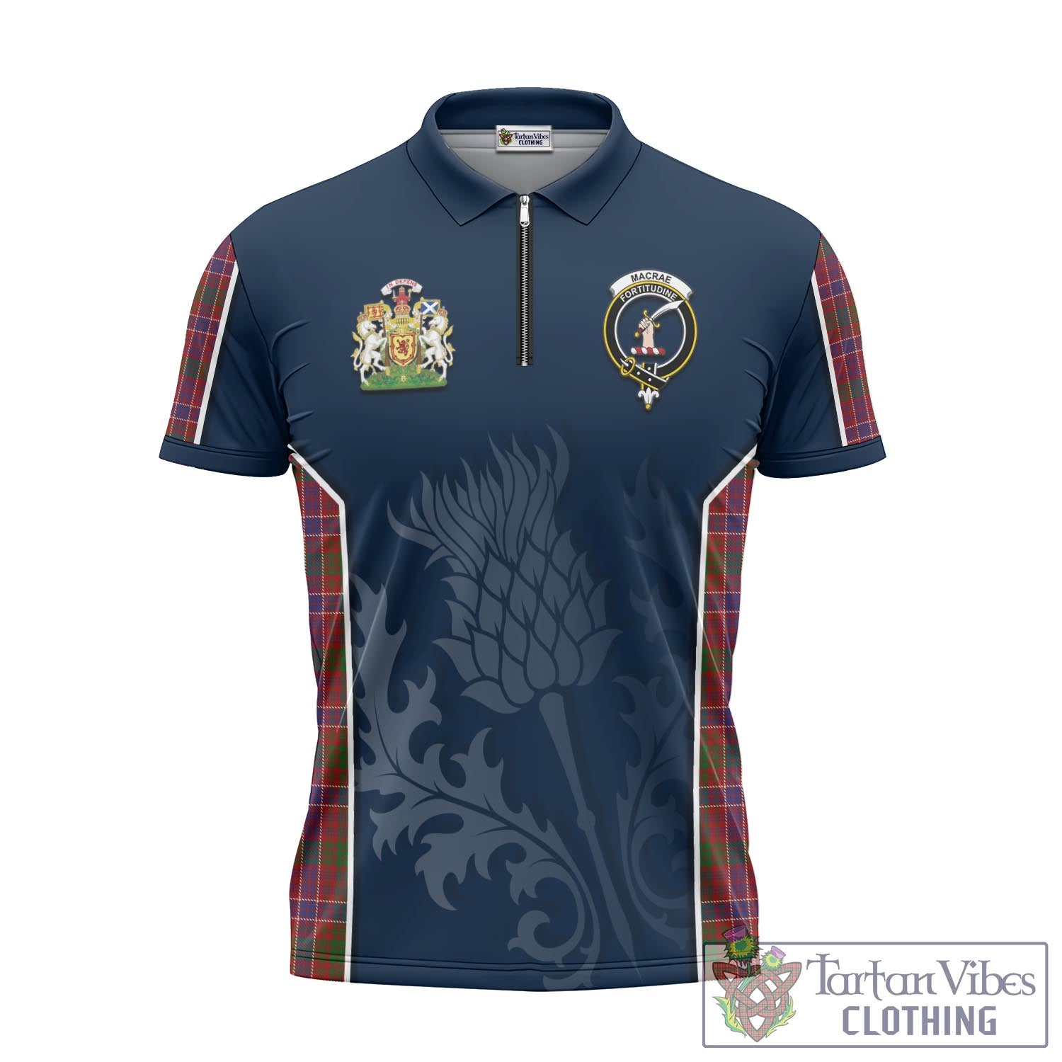 Tartan Vibes Clothing MacRae Red Tartan Zipper Polo Shirt with Family Crest and Scottish Thistle Vibes Sport Style