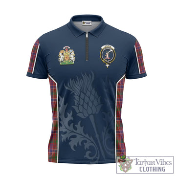 MacRae Red Tartan Zipper Polo Shirt with Family Crest and Scottish Thistle Vibes Sport Style