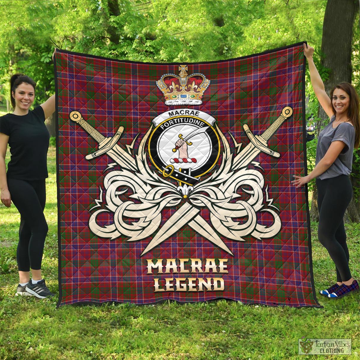 Tartan Vibes Clothing MacRae Red Tartan Quilt with Clan Crest and the Golden Sword of Courageous Legacy