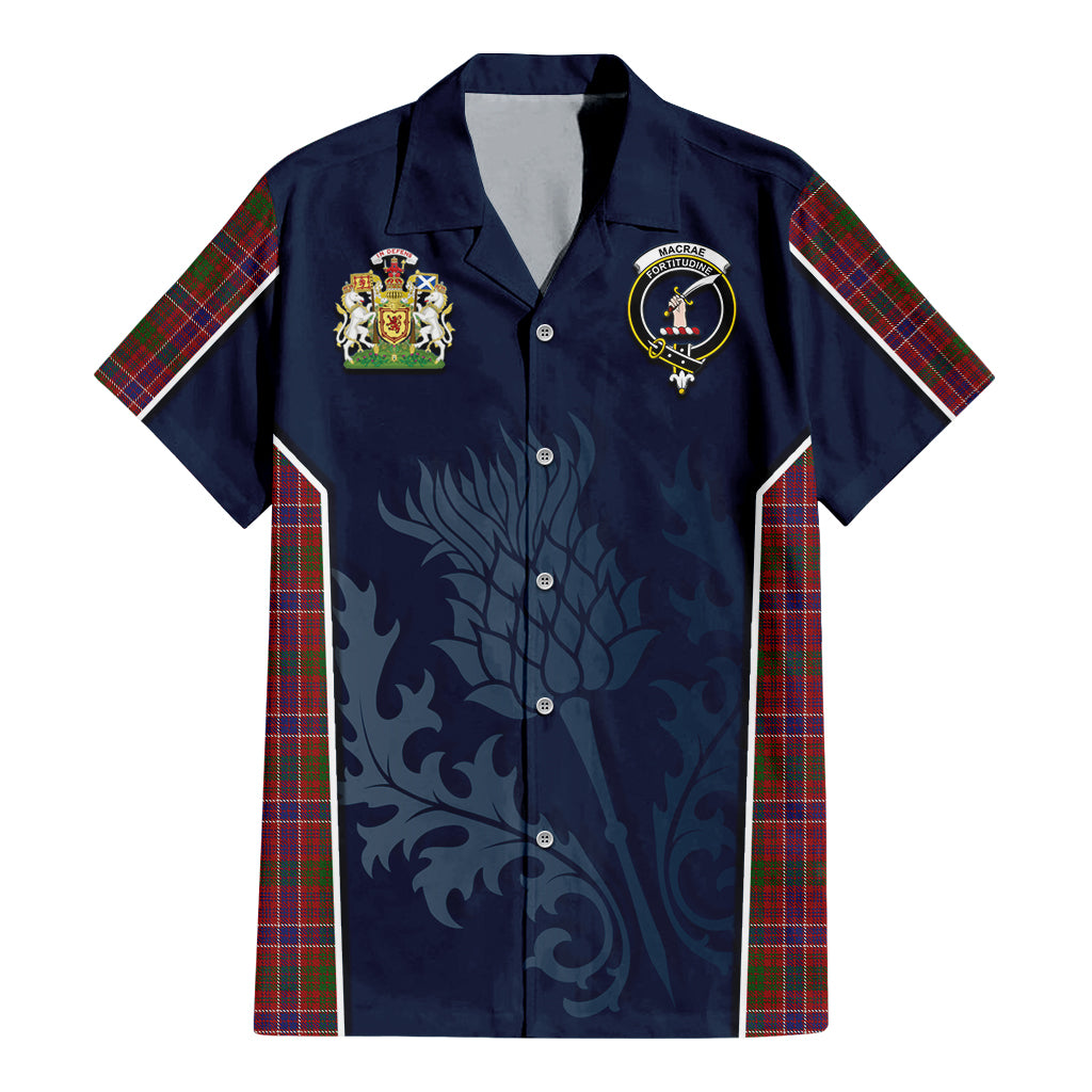 Tartan Vibes Clothing MacRae Red Tartan Short Sleeve Button Up Shirt with Family Crest and Scottish Thistle Vibes Sport Style