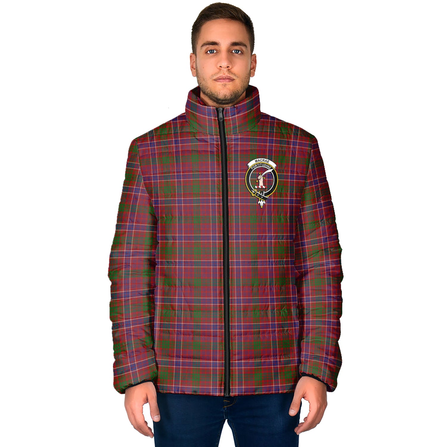 MacRae Red Tartan Padded Jacket with Family Crest - Tartan Vibes Clothing