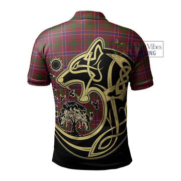 MacRae Red Tartan Polo Shirt with Family Crest Celtic Wolf Style