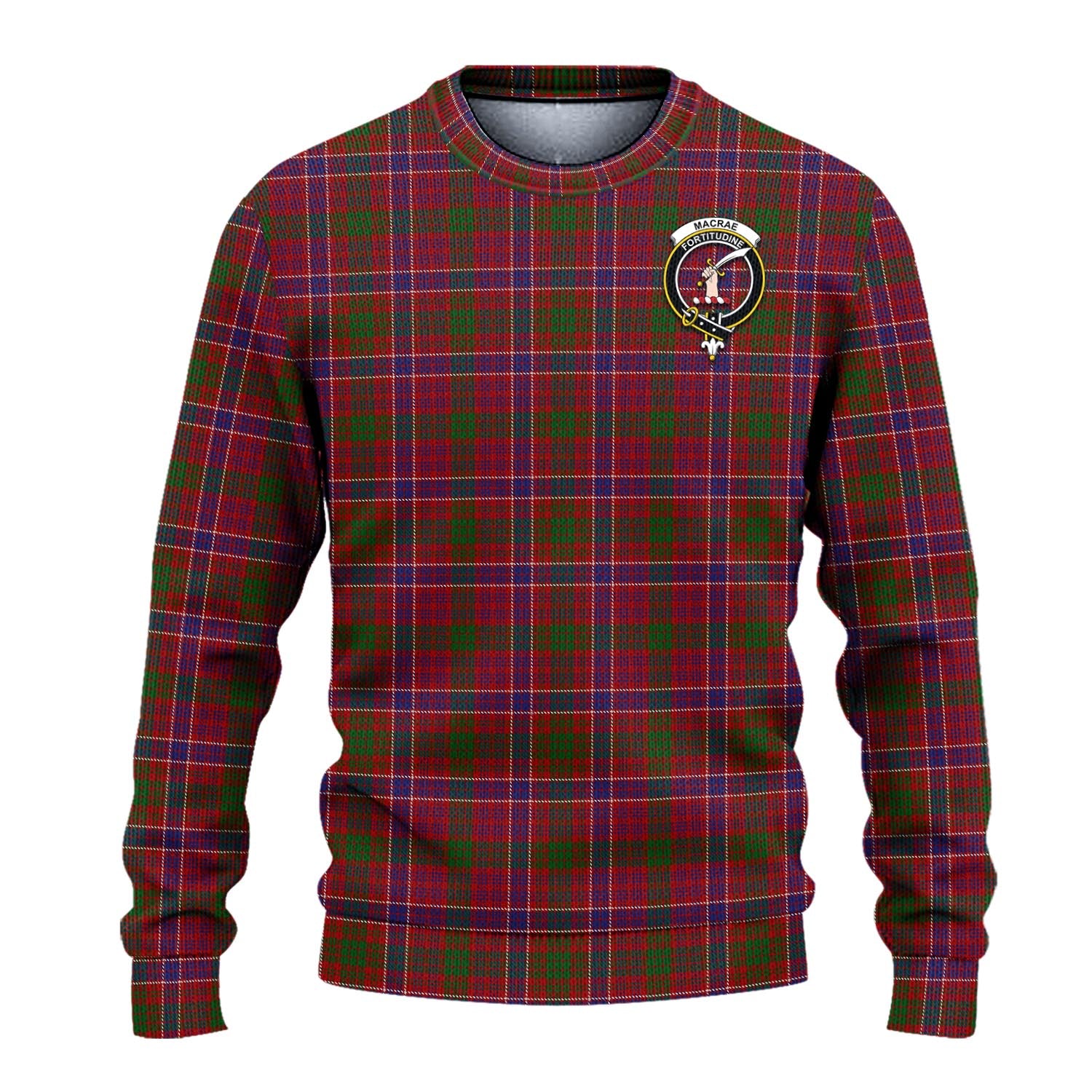 MacRae Red Tartan Knitted Sweater with Family Crest - Tartanvibesclothing