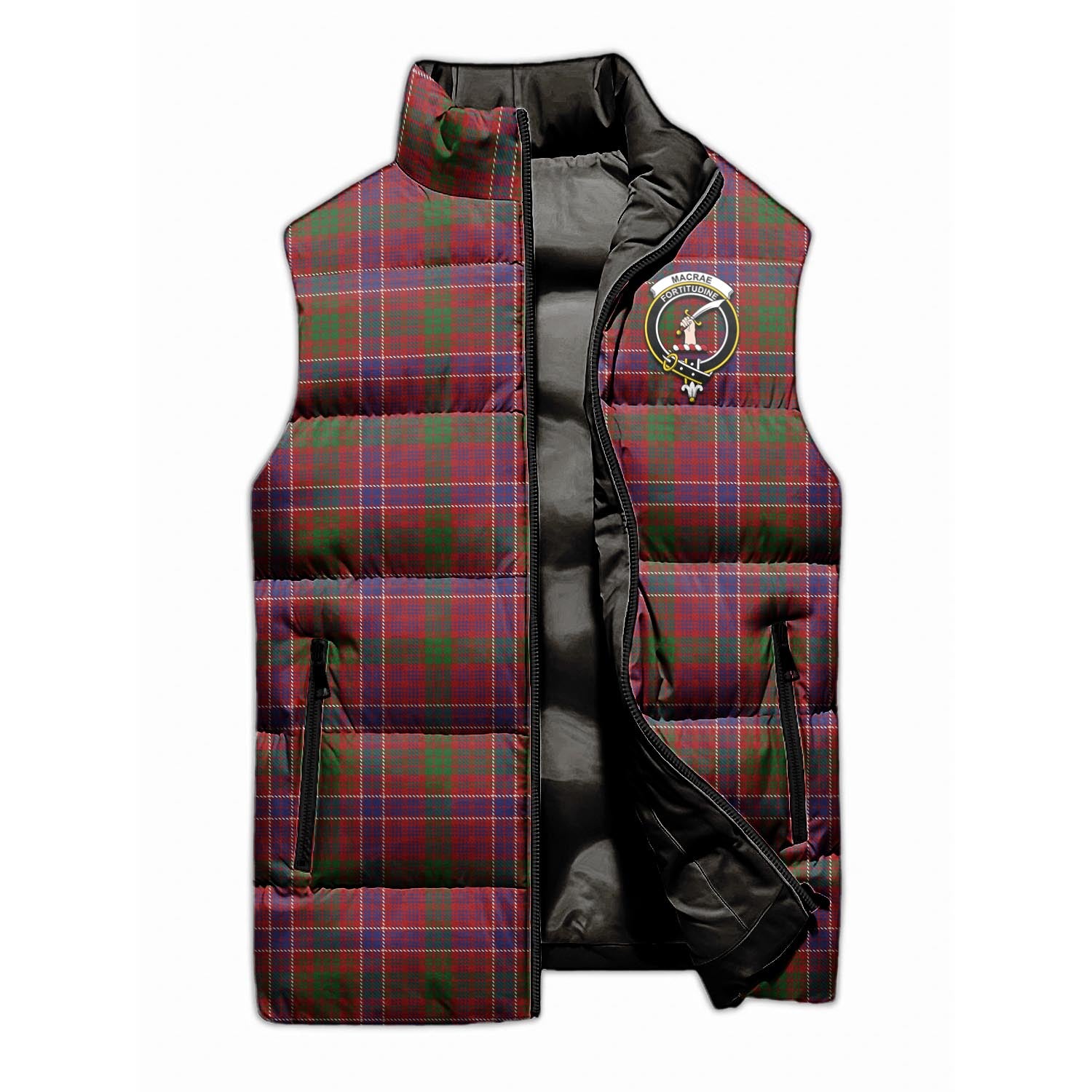 MacRae Red Tartan Sleeveless Puffer Jacket with Family Crest - Tartanvibesclothing