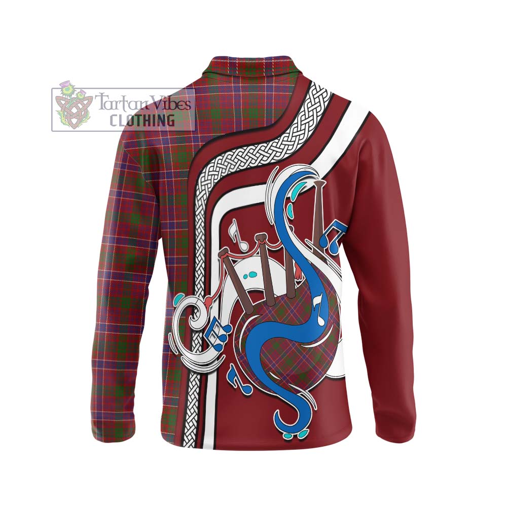 Tartan Vibes Clothing MacRae Red Tartan Long Sleeve Polo Shirt with Epic Bagpipe Style