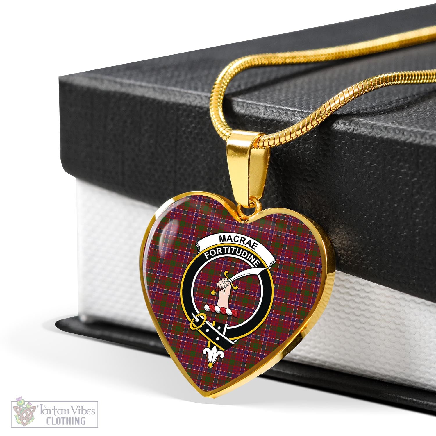 Tartan Vibes Clothing MacRae Red Tartan Heart Necklace with Family Crest