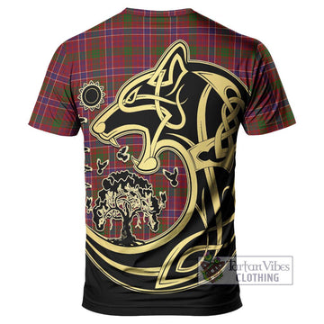 MacRae Red Tartan T-Shirt with Family Crest Celtic Wolf Style