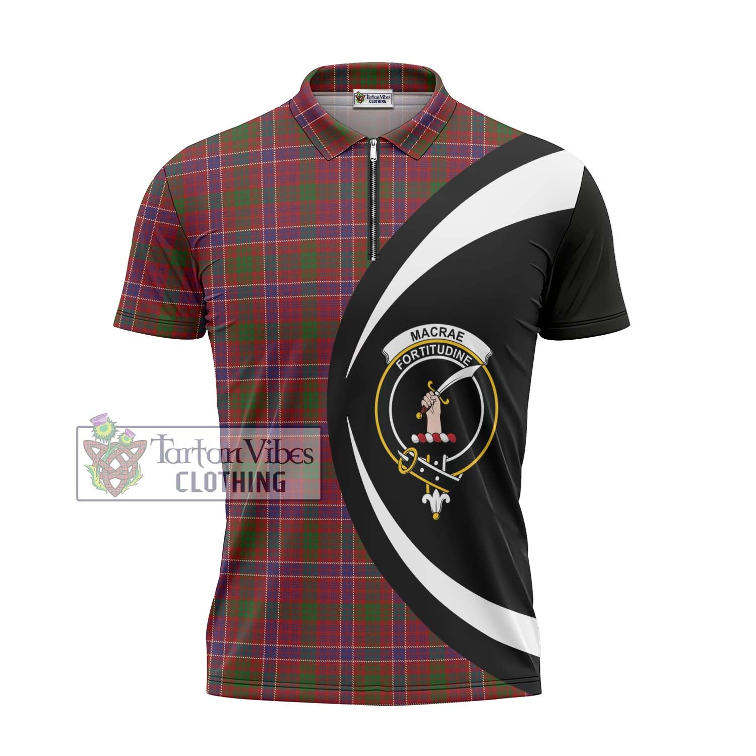 Tartan Vibes Clothing MacRae Red Tartan Zipper Polo Shirt with Family Crest Circle Style