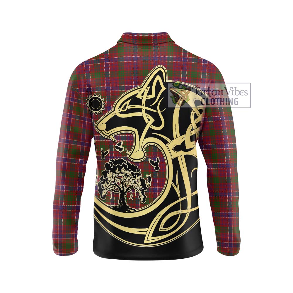 MacRae Red Tartan Long Sleeve Polo Shirt with Family Crest Celtic Wolf Style - Tartanvibesclothing Shop