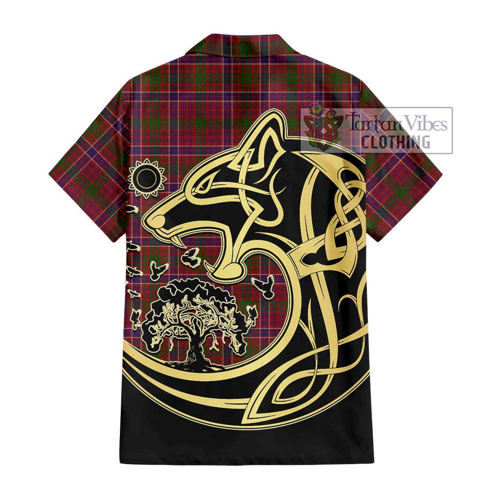 MacRae Red Tartan Short Sleeve Button Shirt with Family Crest Celtic Wolf Style - Tartan Vibes Clothing