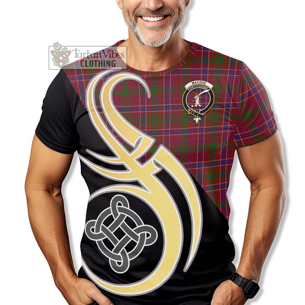 Tartan Vibes Clothing MacRae Red Tartan T-Shirt with Family Crest and Celtic Symbol Style