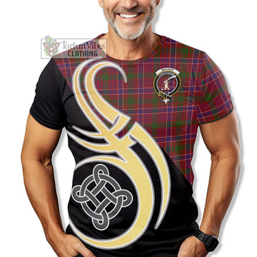 MacRae Red Tartan T-Shirt with Family Crest and Celtic Symbol Style