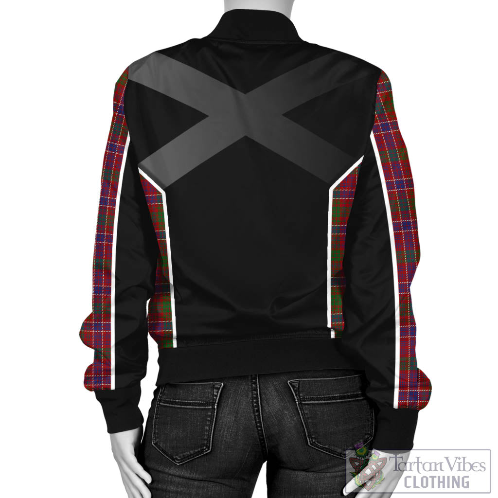 Tartan Vibes Clothing MacRae Red Tartan Bomber Jacket with Family Crest and Scottish Thistle Vibes Sport Style