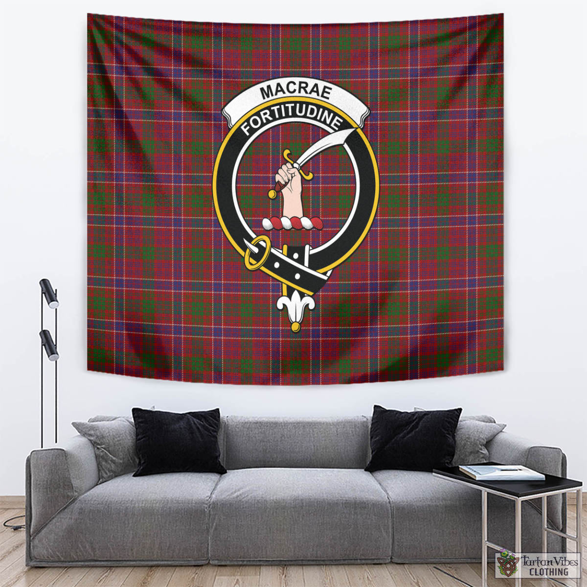 Tartan Vibes Clothing MacRae Red Tartan Tapestry Wall Hanging and Home Decor for Room with Family Crest