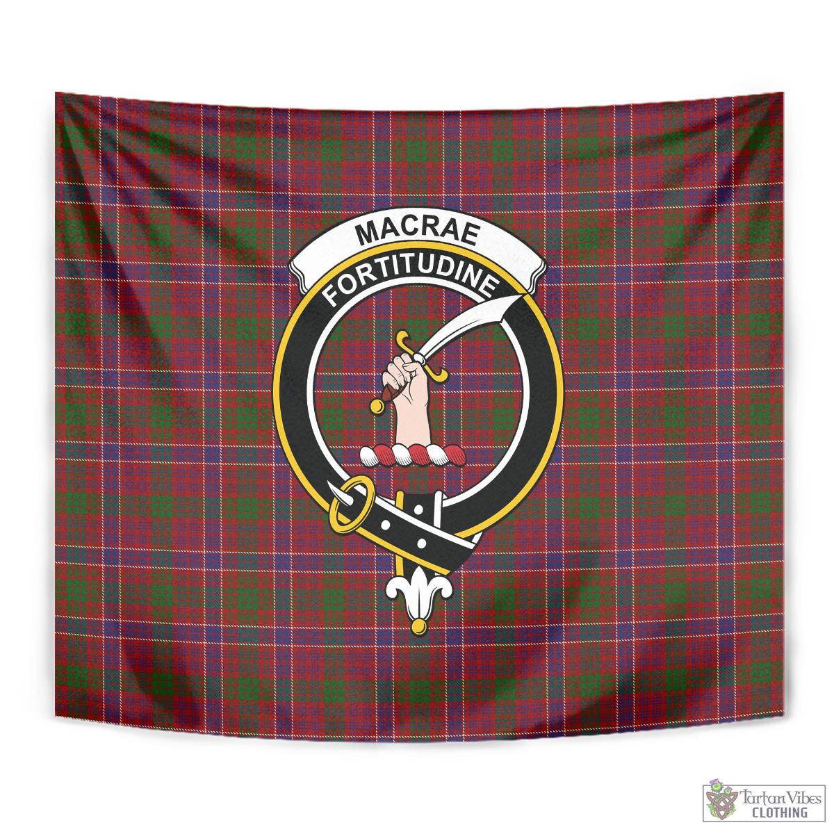 Tartan Vibes Clothing MacRae Red Tartan Tapestry Wall Hanging and Home Decor for Room with Family Crest